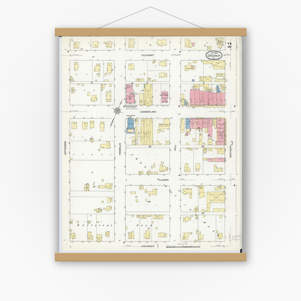 Old map wall art mockup — magnetic wood frame on white wall — Sanborn Fire Insurance Map from Greenup, Cumberland County, Illinois (1912), Sheet #0002
