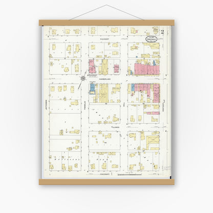 Old map wall art mockup — magnetic wood frame on white wall — Sanborn Fire Insurance Map from Greenup, Cumberland County, Illinois (1912), Sheet #0002