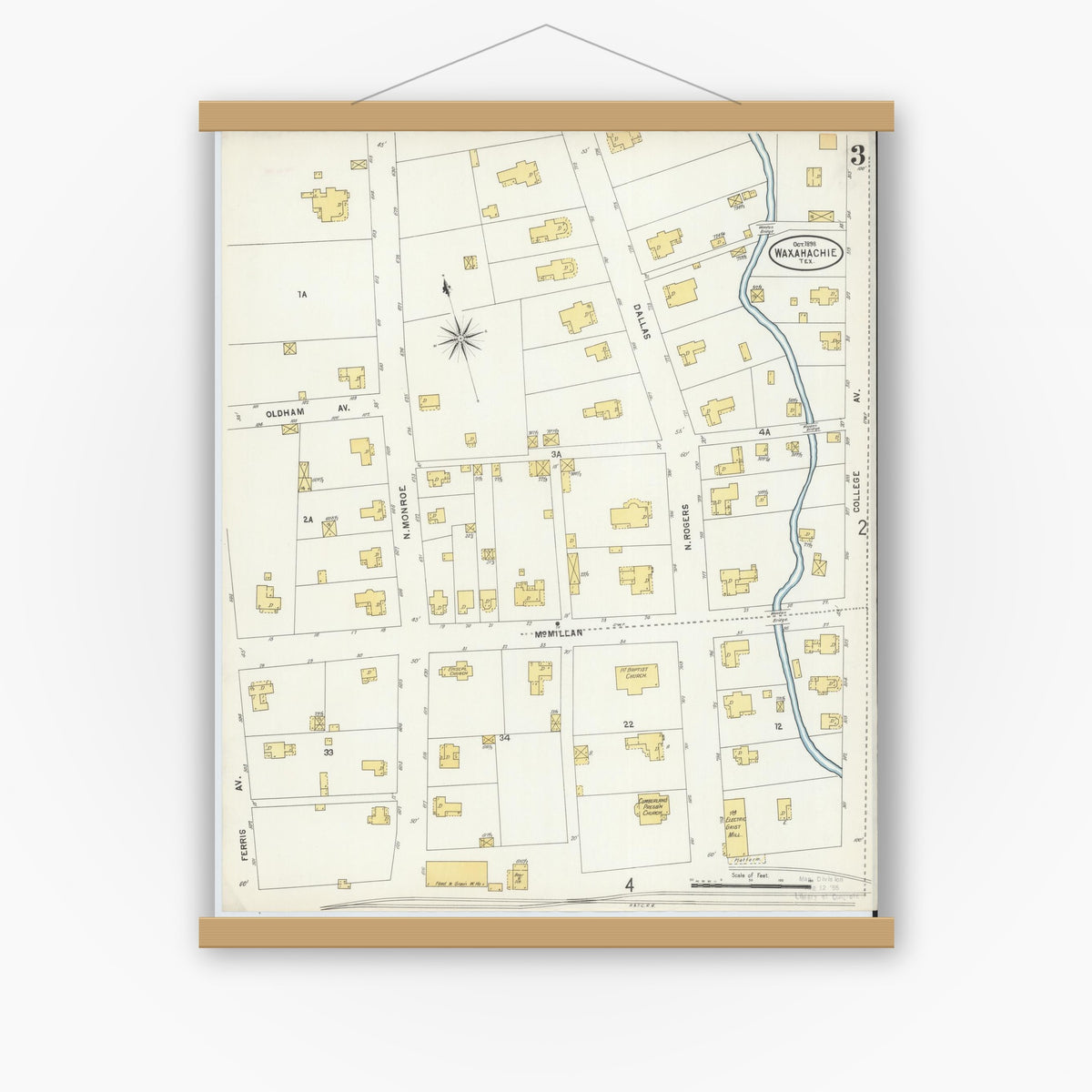 Old map wall art mockup — magnetic wood frame on white wall — Sanborn Fire Insurance Map from Waxahachie, Ellis County, Texas (1898), Sheet #0003