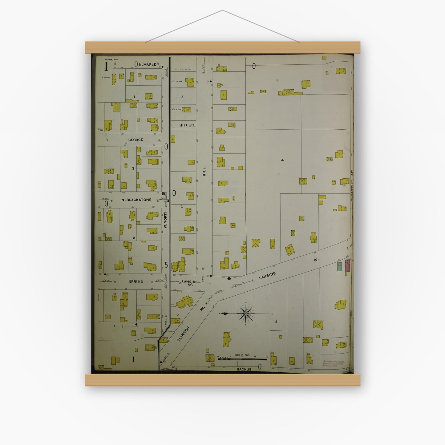Old map wall art mockup — magnetic wood frame on white wall — Sanborn Fire Insurance Map from Jackson, Jackson County, Michigan (1907) - Complete Map Set