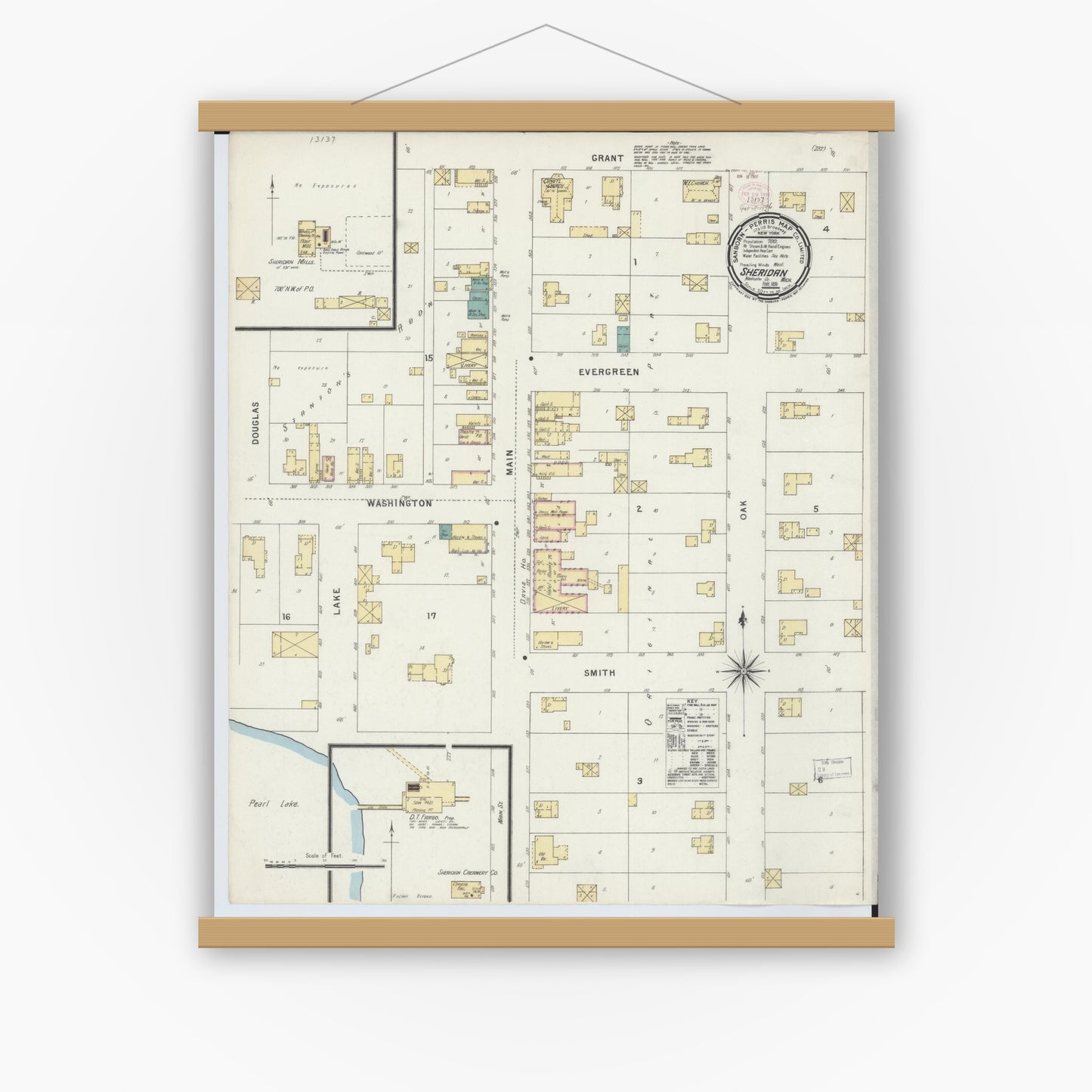 Old map wall art mockup — magnetic wood frame on white wall — Sanborn Fire Insurance Map from Sheridan, Montcalm County, Michigan (1896), Sheet #0001