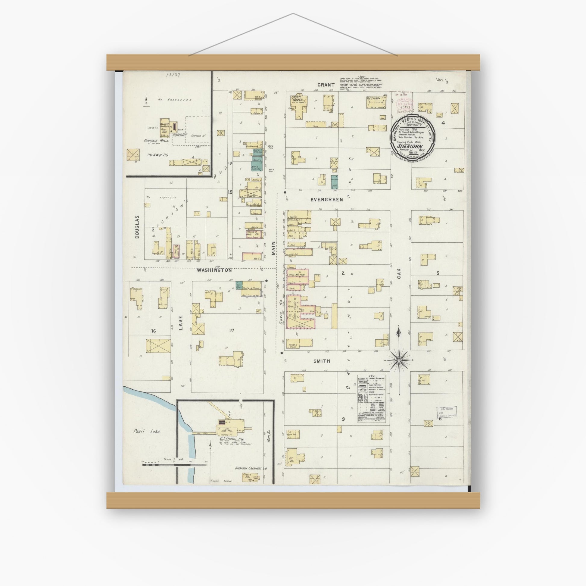 Old map wall art mockup — magnetic wood frame on white wall — Sanborn Fire Insurance Map from Sheridan, Montcalm County, Michigan (1896), Sheet #0001