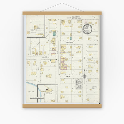 Old map wall art mockup — magnetic wood frame on white wall — Sanborn Fire Insurance Map from Sheridan, Montcalm County, Michigan (1896), Sheet #0001