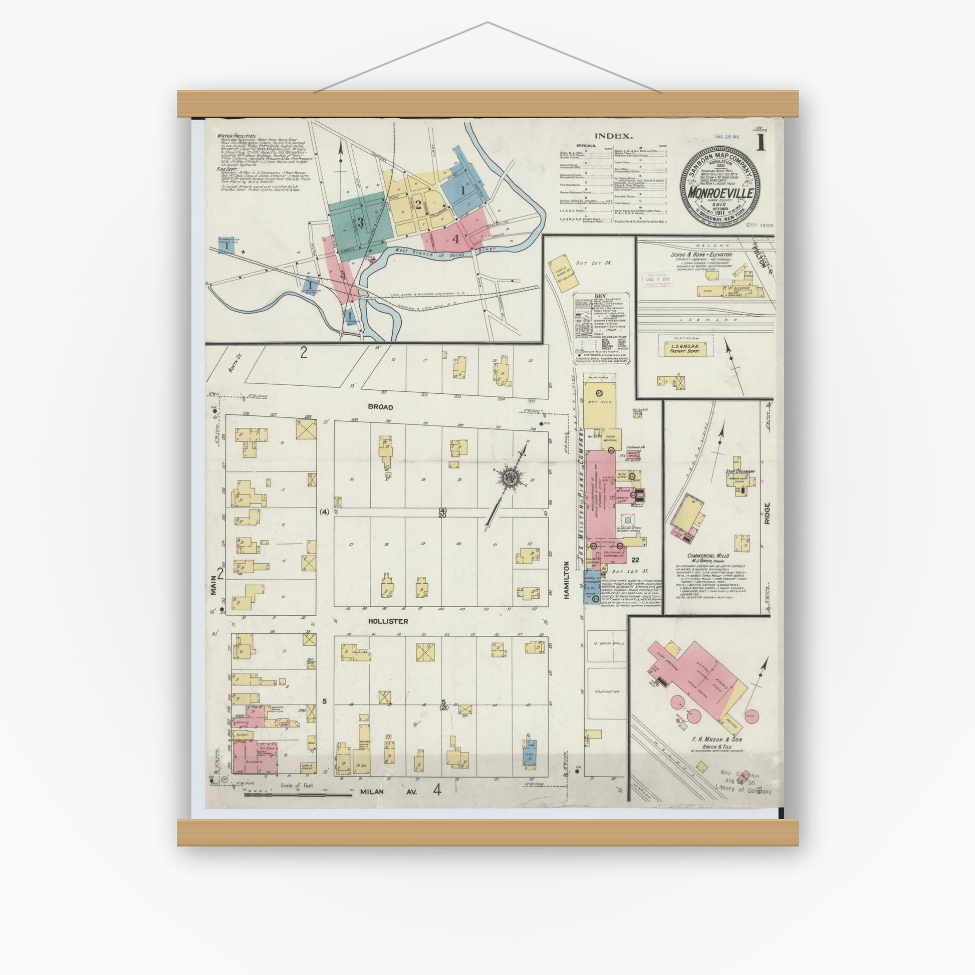 Old map wall art mockup — magnetic wood frame on white wall — Sanborn Fire Insurance Map from Monroeville, Huron County, Ohio (1911) - Complete Map Set
