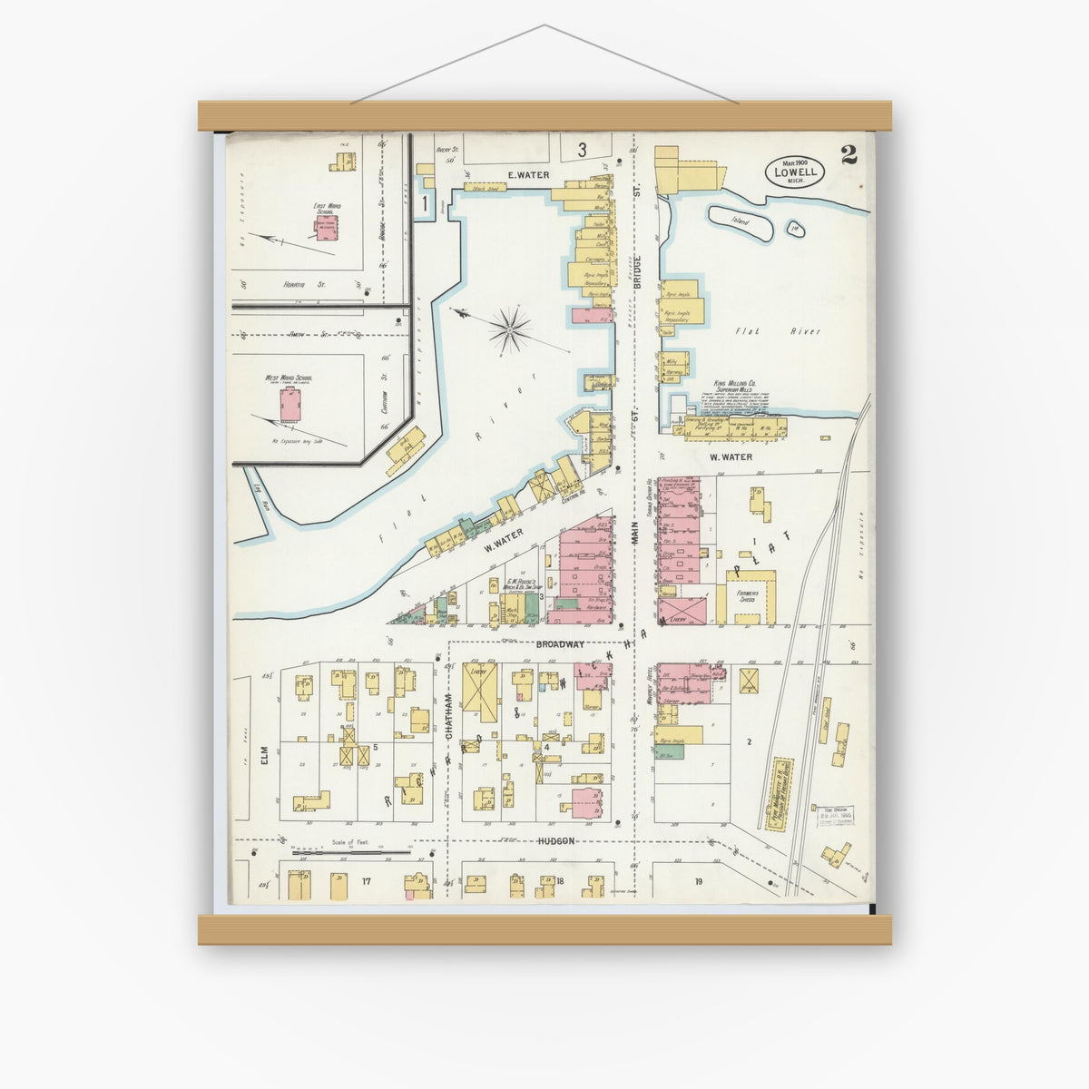 Old map wall art mockup — magnetic wood frame on white wall — Sanborn Fire Insurance Map from Lowell, Kent County, Michigan (1900), Sheet #0002