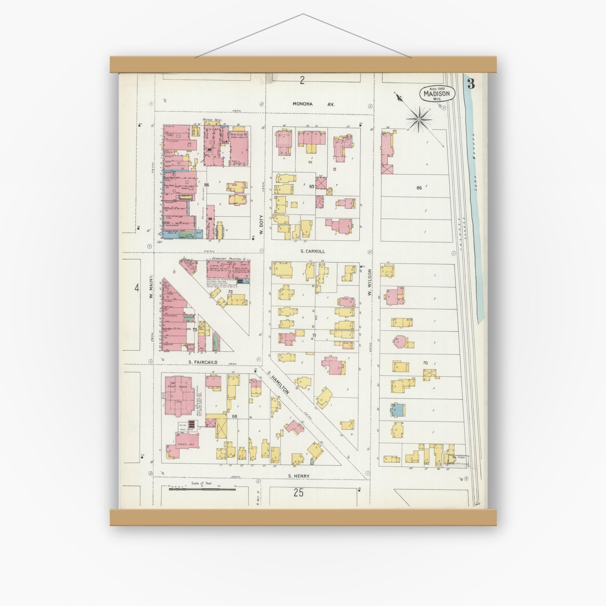 Old map wall art mockup — magnetic wood frame on white wall — Sanborn Fire Insurance Map from Madison, Dane County, Wisconsin (1902), Sheet #0003