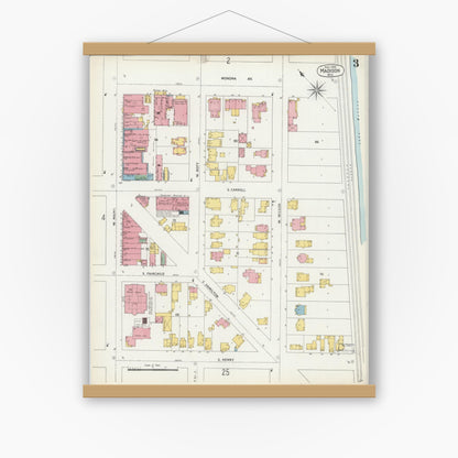Old map wall art mockup — magnetic wood frame on white wall — Sanborn Fire Insurance Map from Madison, Dane County, Wisconsin (1902), Sheet #0003