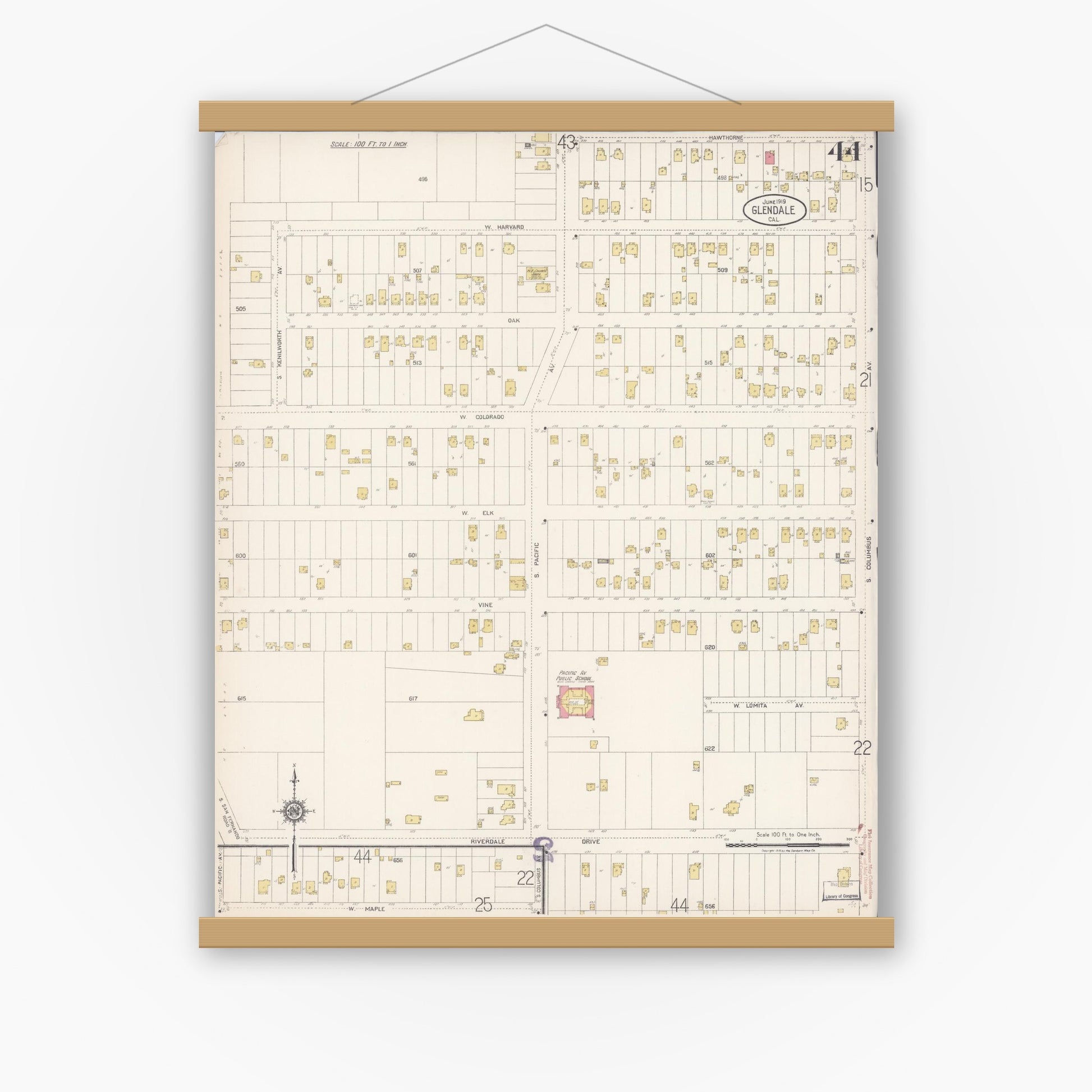 Old map wall art mockup — magnetic wood frame on white wall — Sanborn Fire Insurance Map from Glendale, Los Angeles County, California (1919), Sheet #0044