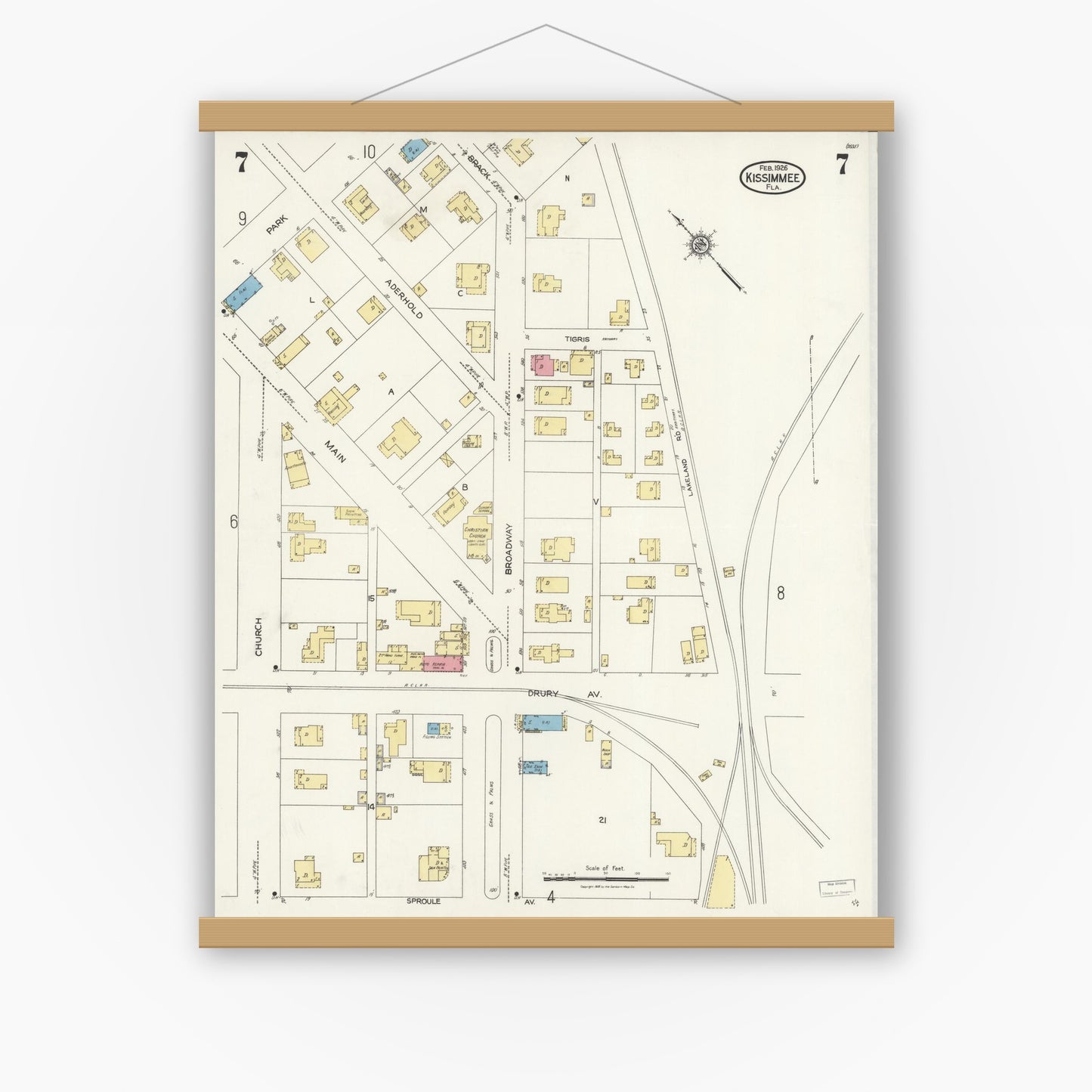 Old map wall art mockup — magnetic wood frame on white wall — Sanborn Fire Insurance Map from Kissimmee, Osceola County, Florida (1926), Sheet #0007
