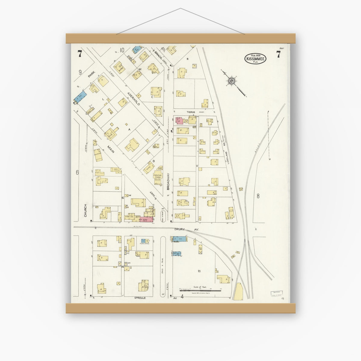 Old map wall art mockup — magnetic wood frame on white wall — Sanborn Fire Insurance Map from Kissimmee, Osceola County, Florida (1926), Sheet #0007