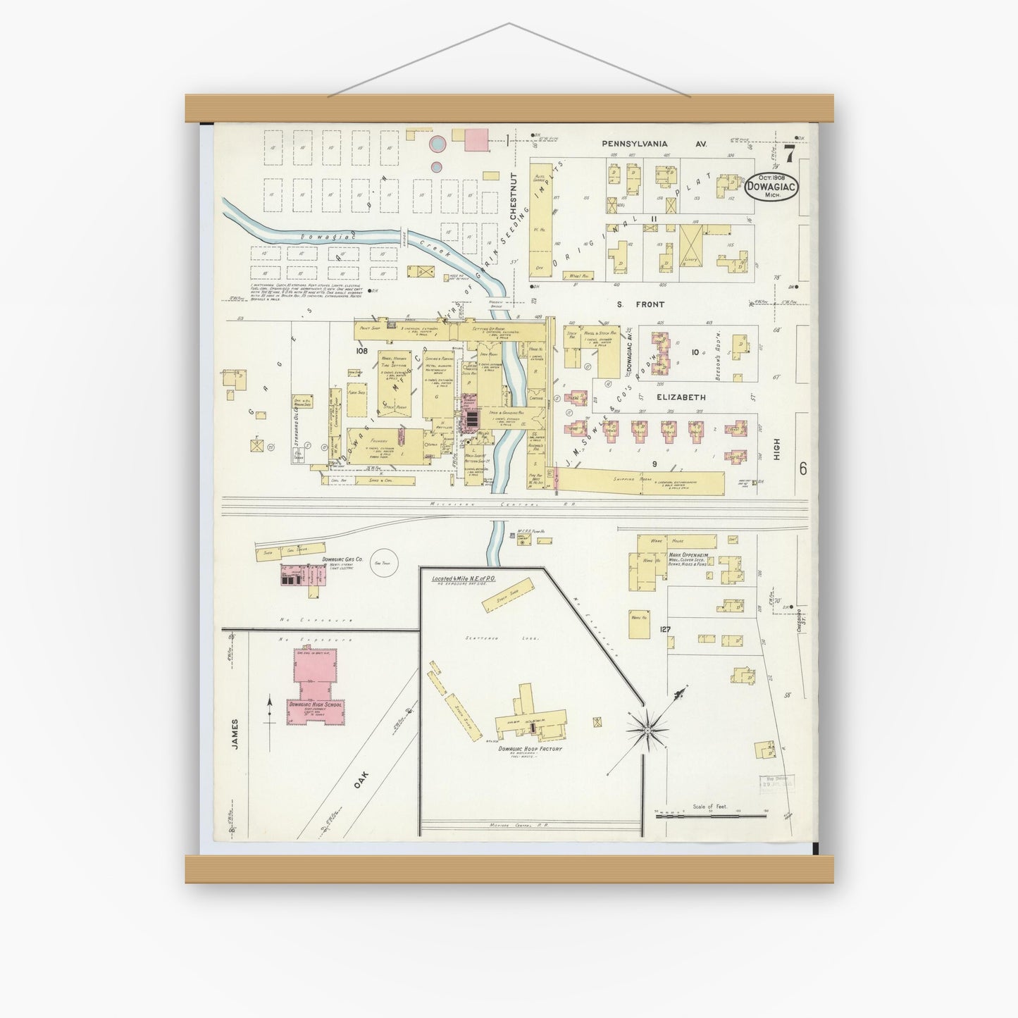 Old map wall art mockup — magnetic wood frame on white wall — Sanborn Fire Insurance Map from Dowagiac, Cass County, Michigan (1908), Sheet #0007