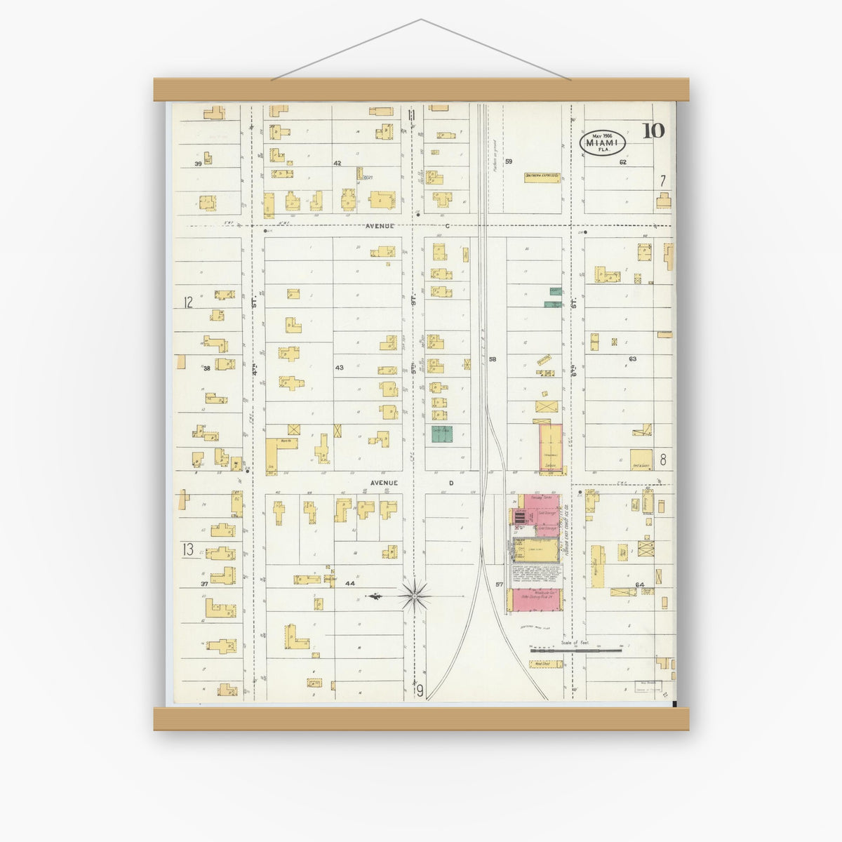 Old map wall art mockup — magnetic wood frame on white wall — Sanborn Fire Insurance Map from Miami, Dade County, Florida (1906), Sheet #0010