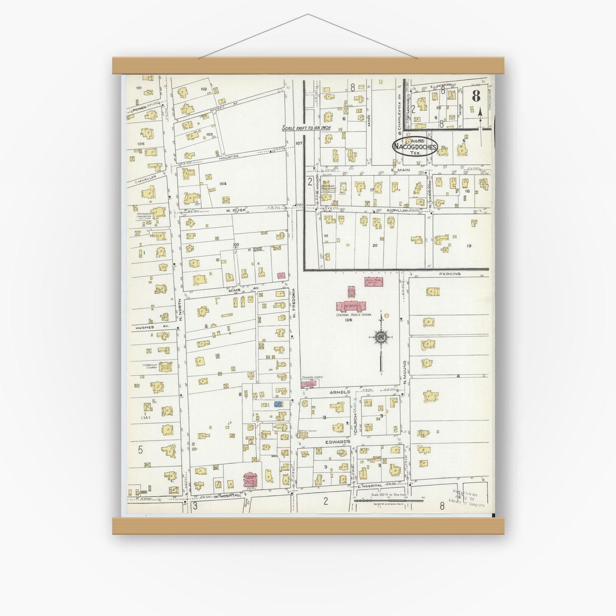 Old map wall art mockup — magnetic wood frame on white wall — Sanborn Fire Insurance Map from Nacogdoches, Nacogdoches County, Texas (1921), Sheet #0008