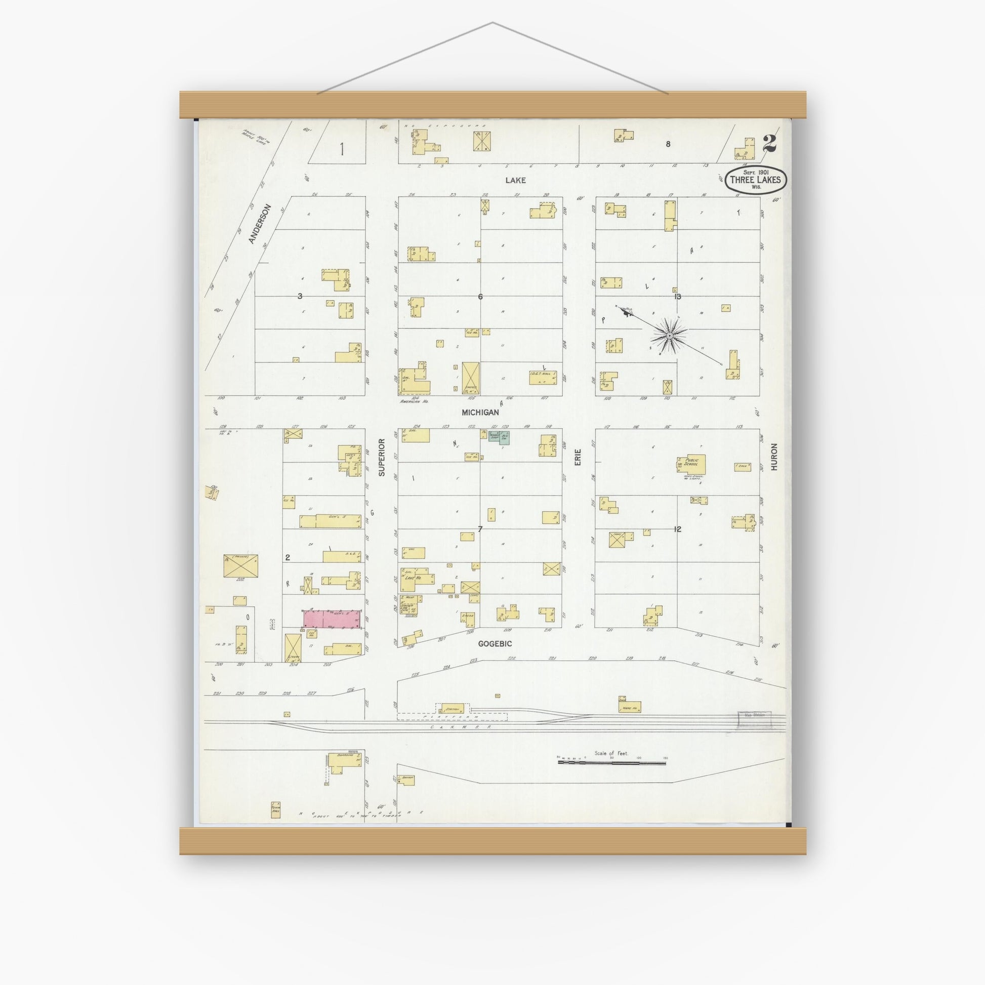 Old map wall art mockup — magnetic wood frame on white wall — Sanborn Fire Insurance Map from Three Lakes, Oneida County, Wisconsin (1901), Sheet #0002