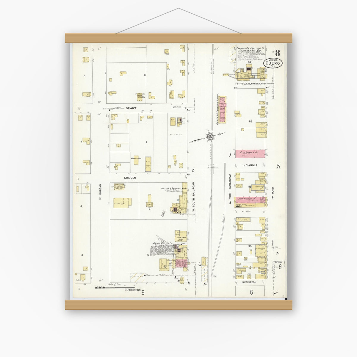 Old map wall art mockup — magnetic wood frame on white wall — Sanborn Fire Insurance Map from Cuero, De Witt County, Texas (1912), Sheet #0008