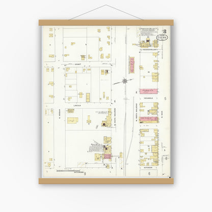 Old map wall art mockup — magnetic wood frame on white wall — Sanborn Fire Insurance Map from Cuero, De Witt County, Texas (1912), Sheet #0008