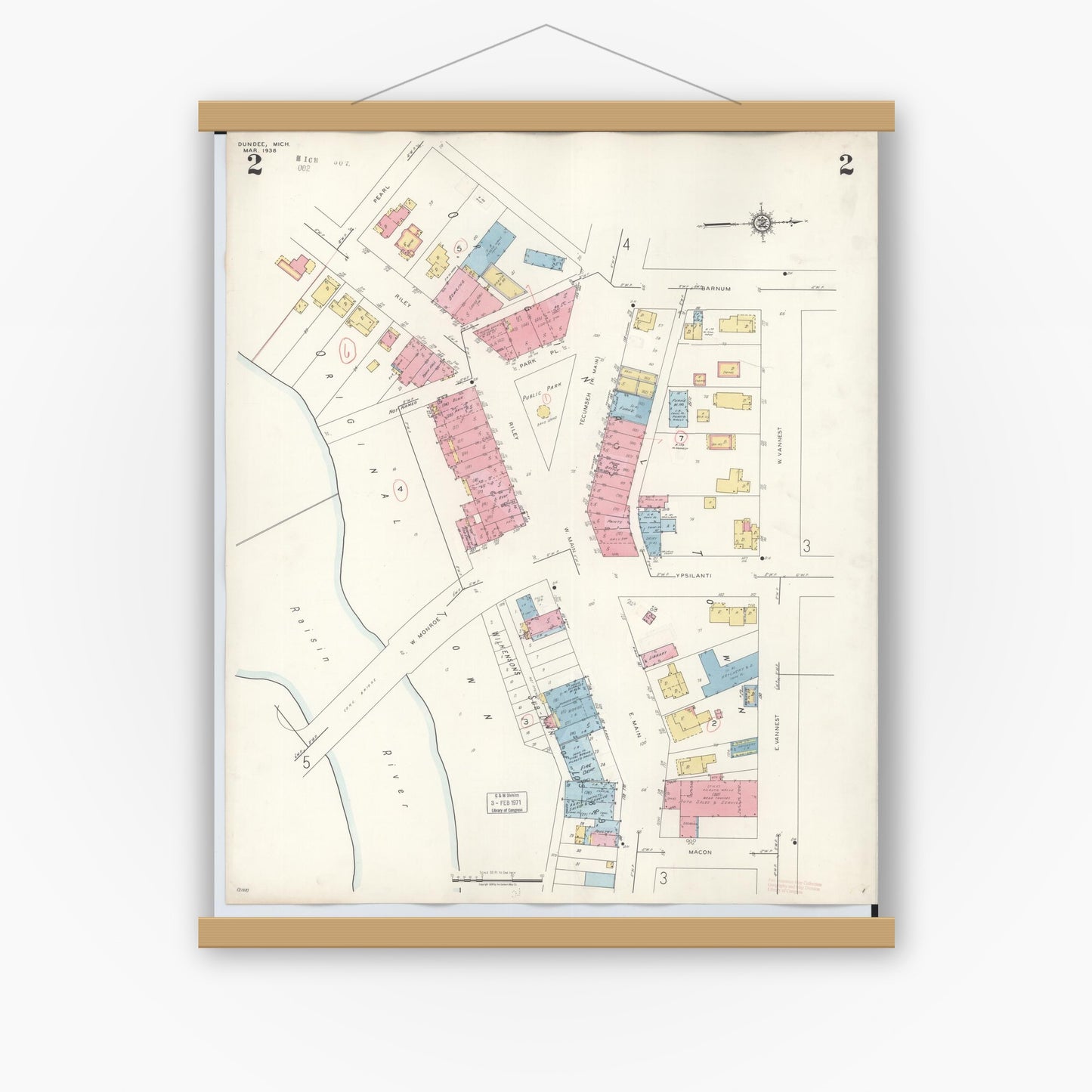 Old map wall art mockup — magnetic wood frame on white wall — Sanborn Fire Insurance Map from Dundee, Monroe County, Michigan (1949), Sheet #0002