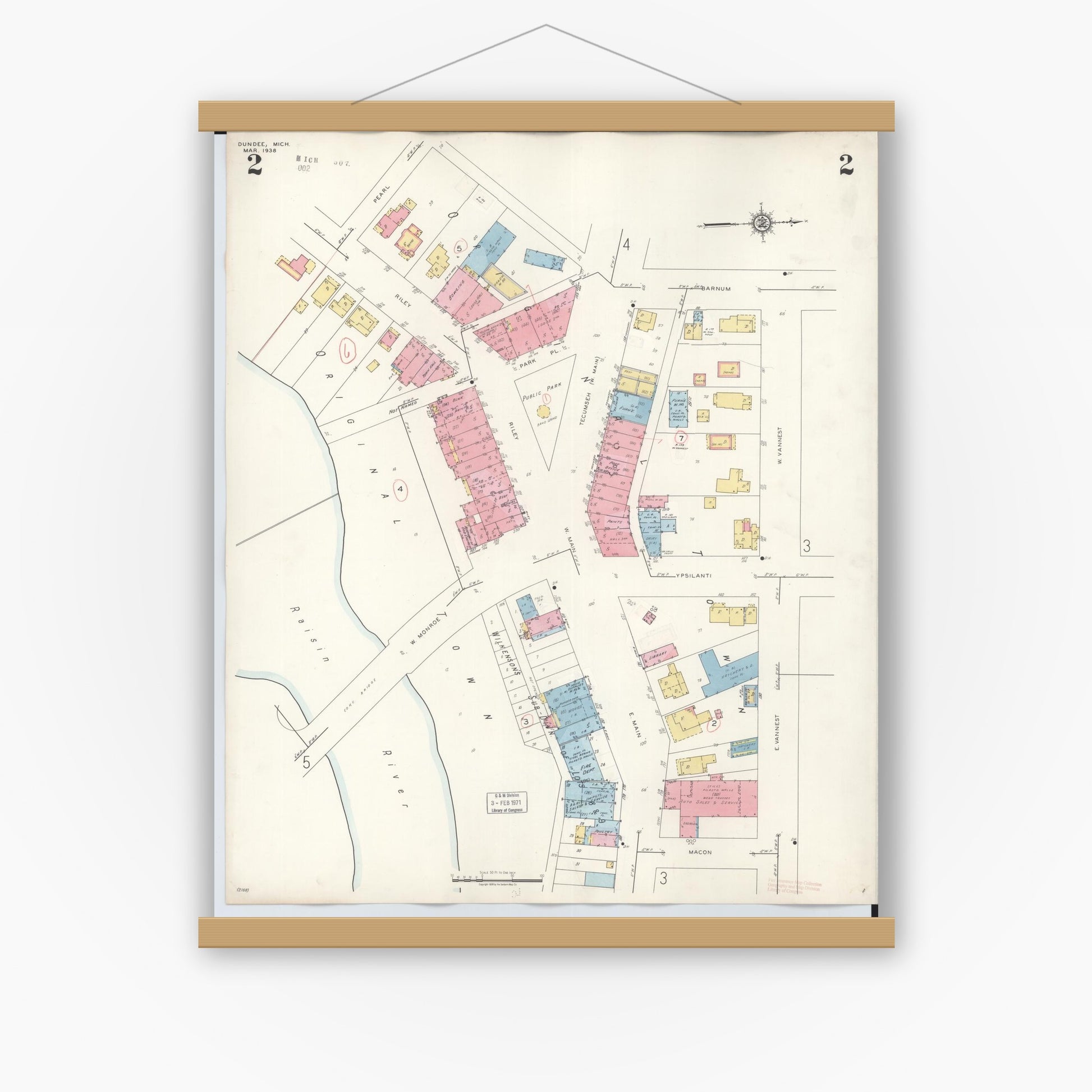 Old map wall art mockup — magnetic wood frame on white wall — Sanborn Fire Insurance Map from Dundee, Monroe County, Michigan (1949), Sheet #0002