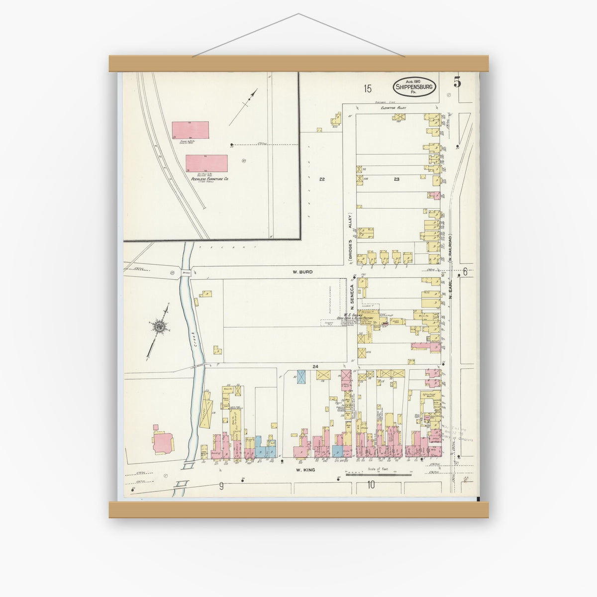 Old map wall art mockup — magnetic wood frame on white wall — Sanborn Fire Insurance Map from Shippensburg, Cumberland And Franklin Counties, Pennsylvania (1910), Sheet #0005