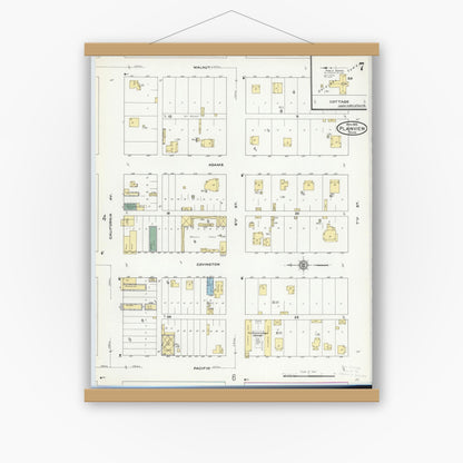 Old map wall art mockup — magnetic wood frame on white wall — Sanborn Fire Insurance Map from Plainview, Hale County, Texas (1910), Sheet #0007