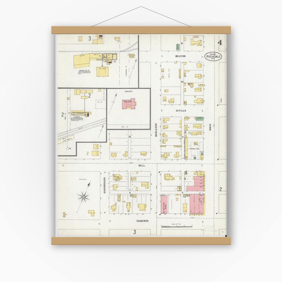 Old map wall art mockup — magnetic wood frame on white wall — Sanborn Fire Insurance Map from Rockdale, Milam County, Texas (1901), Sheet #0004