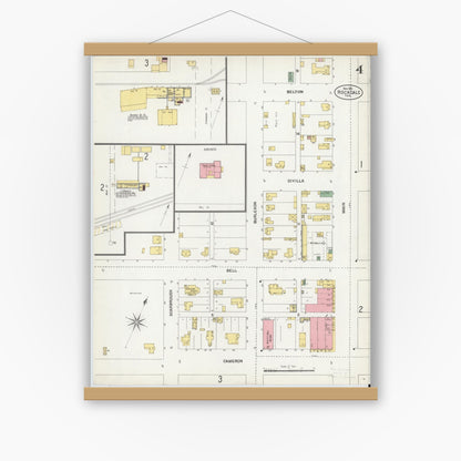 Old map wall art mockup — magnetic wood frame on white wall — Sanborn Fire Insurance Map from Rockdale, Milam County, Texas (1901), Sheet #0004
