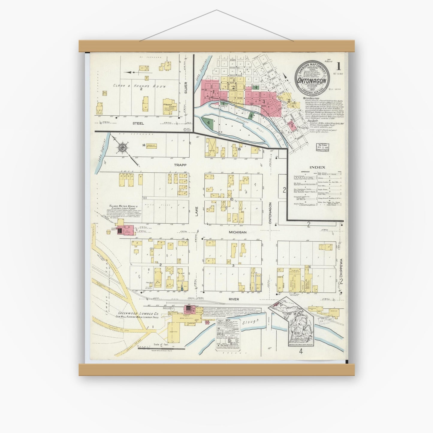 Old map wall art mockup — magnetic wood frame on white wall — Sanborn Fire Insurance Map from Ontonagon, Ontonagon County, Michigan (1917) - Complete Map Set