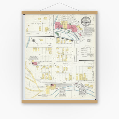 Old map wall art mockup — magnetic wood frame on white wall — Sanborn Fire Insurance Map from Ontonagon, Ontonagon County, Michigan (1917) - Complete Map Set