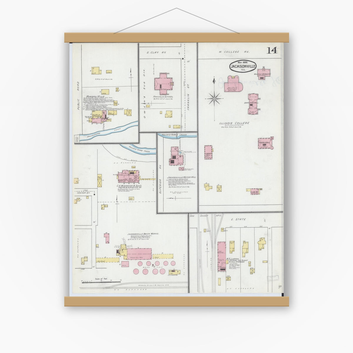 Old map wall art mockup — magnetic wood frame on white wall — Sanborn Fire Insurance Map from Jacksonville, Morgan County, Illinois (1892), Sheet #0014