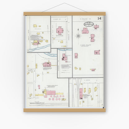 Old map wall art mockup — magnetic wood frame on white wall — Sanborn Fire Insurance Map from Jacksonville, Morgan County, Illinois (1892), Sheet #0014