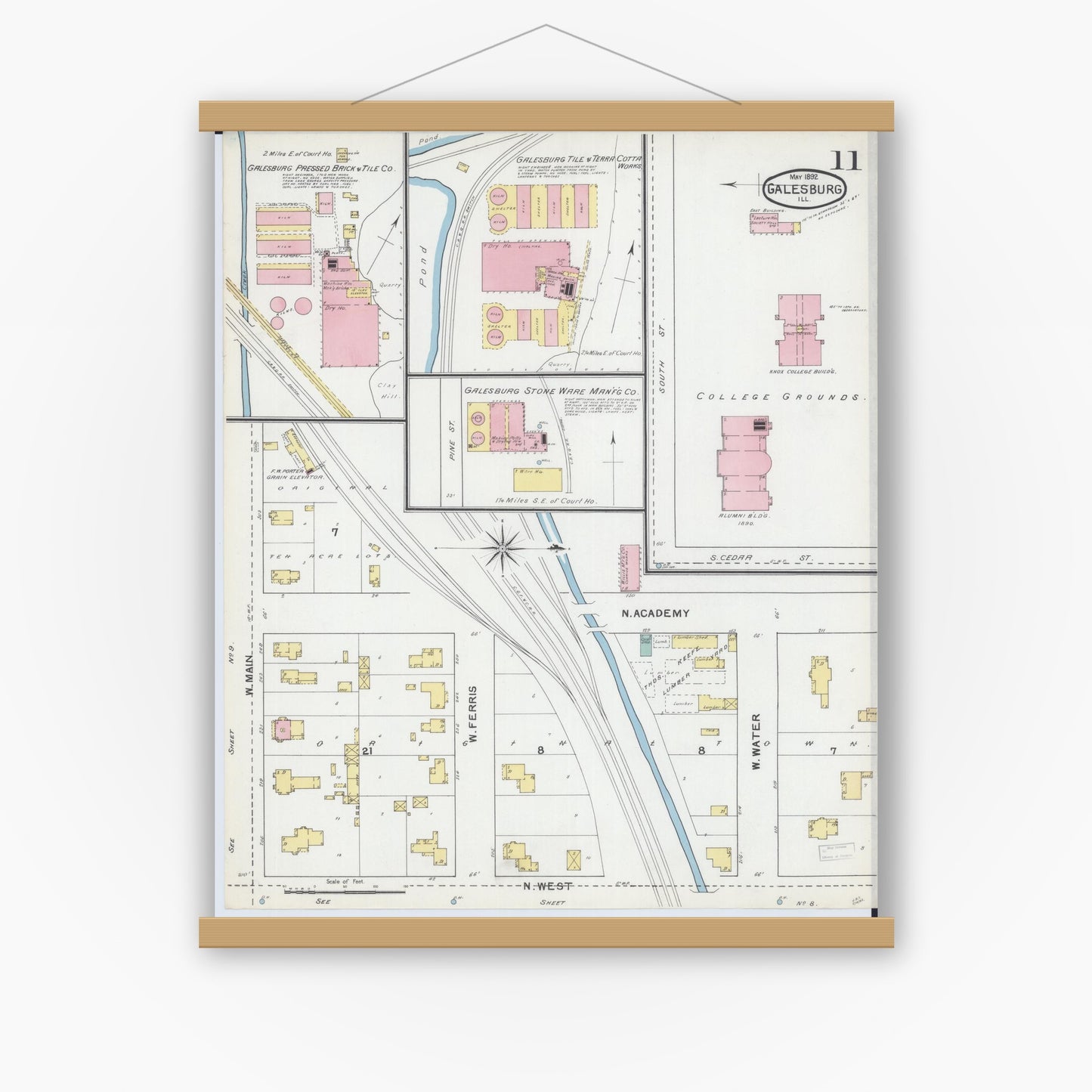Old map wall art mockup — magnetic wood frame on white wall — Sanborn Fire Insurance Map from Galesburg, Knox County, Illinois (1892), Sheet #0011