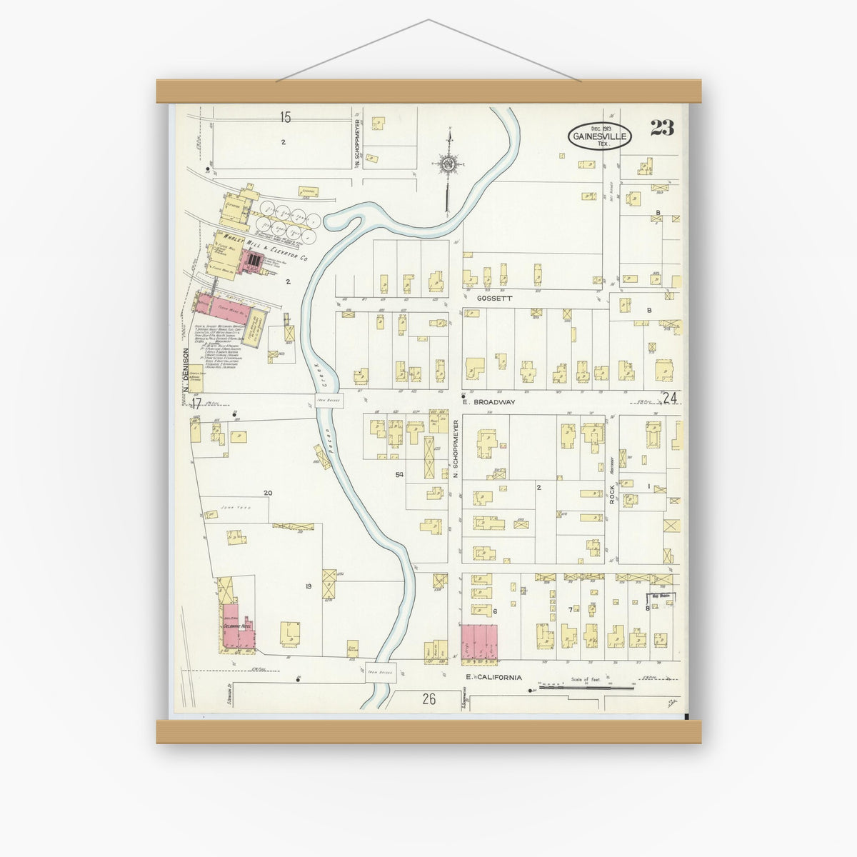Old map wall art mockup — magnetic wood frame on white wall — Sanborn Fire Insurance Map from Gainesville, Cooke County, Texas (1913), Sheet #0023