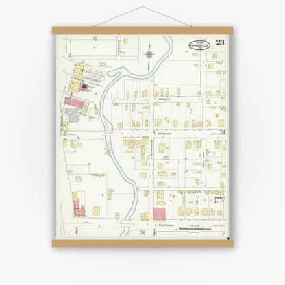 Old map wall art mockup — magnetic wood frame on white wall — Sanborn Fire Insurance Map from Gainesville, Cooke County, Texas (1913), Sheet #0023