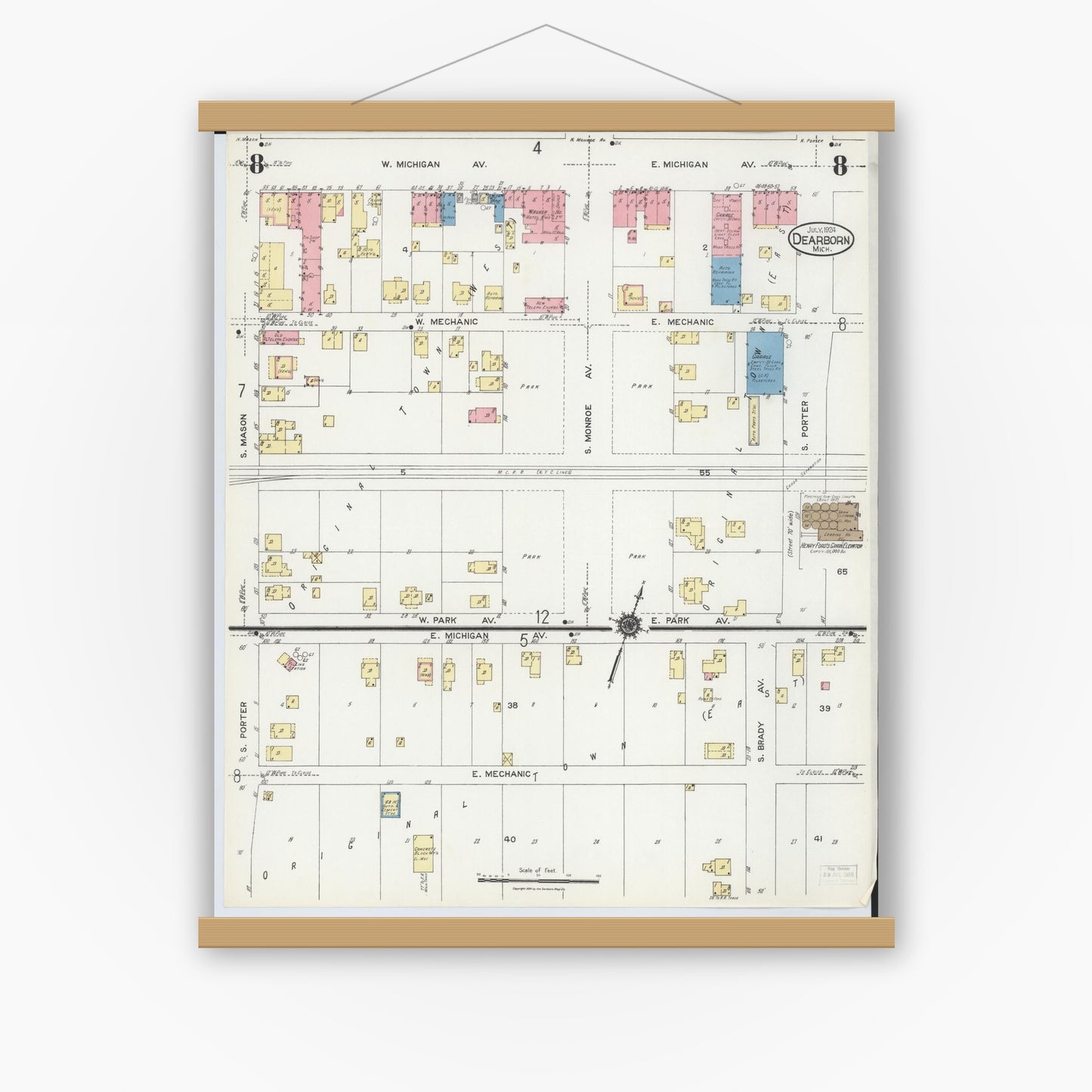 Old map wall art mockup — magnetic wood frame on white wall — Sanborn Fire Insurance Map from Dearborn, Wayne County, Michigan (1924), Sheet #0008
