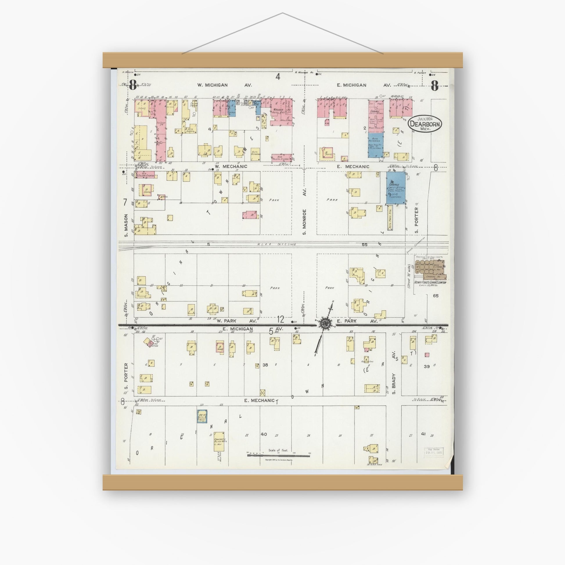 Old map wall art mockup — magnetic wood frame on white wall — Sanborn Fire Insurance Map from Dearborn, Wayne County, Michigan (1924), Sheet #0008
