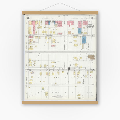 Old map wall art mockup — magnetic wood frame on white wall — Sanborn Fire Insurance Map from Dearborn, Wayne County, Michigan (1924), Sheet #0008