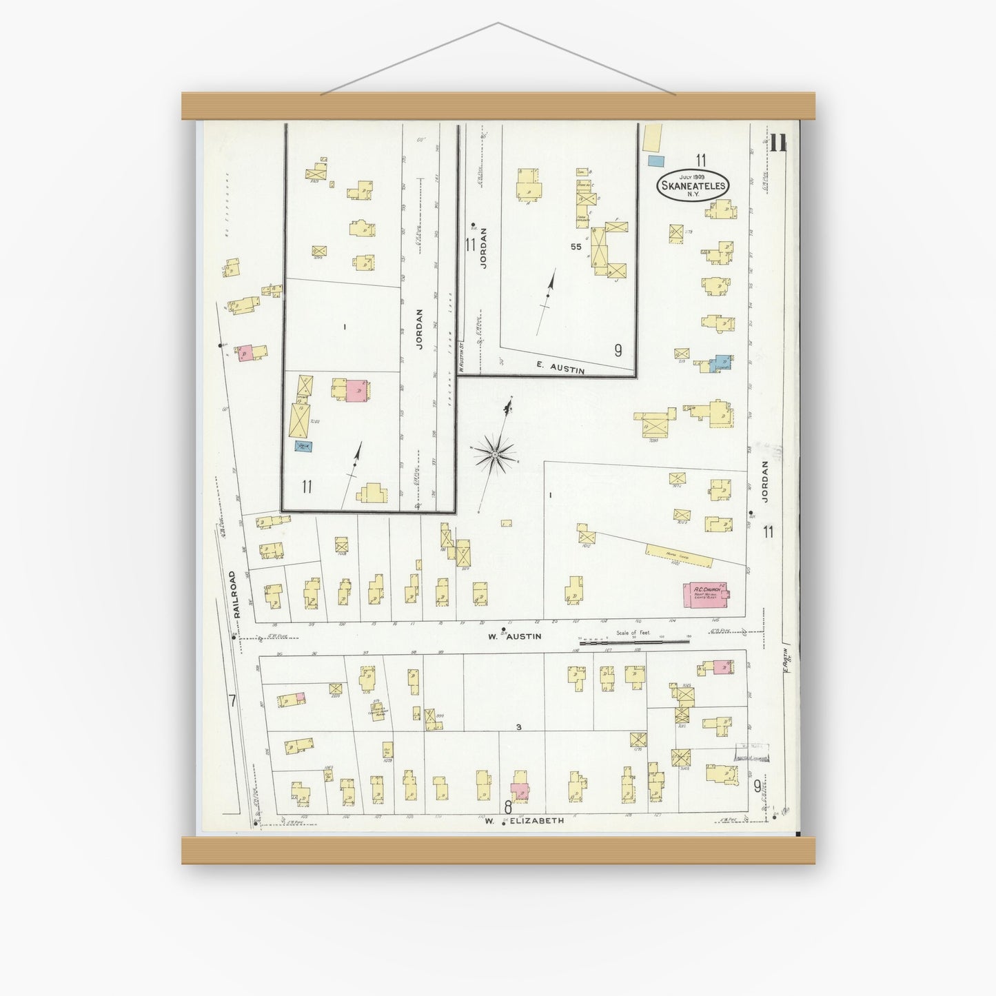 Old map wall art mockup — magnetic wood frame on white wall — Sanborn Fire Insurance Map from Skaneateles, Onondaga County, New York (1909), Sheet #0011