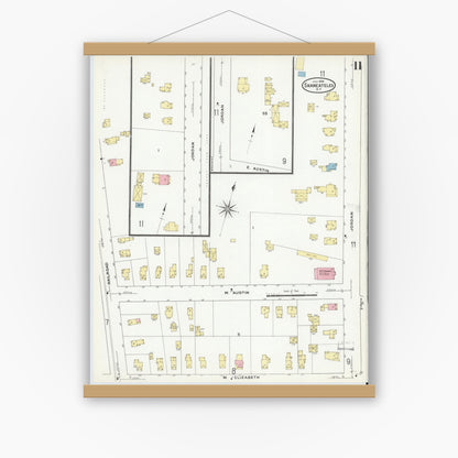 Old map wall art mockup — magnetic wood frame on white wall — Sanborn Fire Insurance Map from Skaneateles, Onondaga County, New York (1909), Sheet #0011