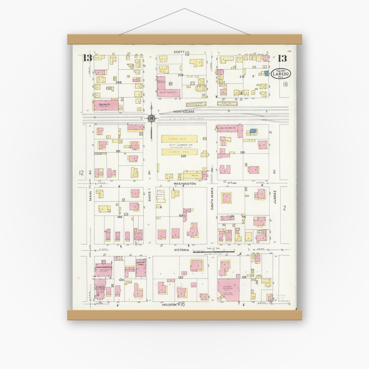 Old map wall art mockup — magnetic wood frame on white wall — Sanborn Fire Insurance Map from Laredo, Webb County, Texas (1925), Sheet #0013