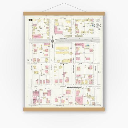 Old map wall art mockup — magnetic wood frame on white wall — Sanborn Fire Insurance Map from Laredo, Webb County, Texas (1925), Sheet #0013