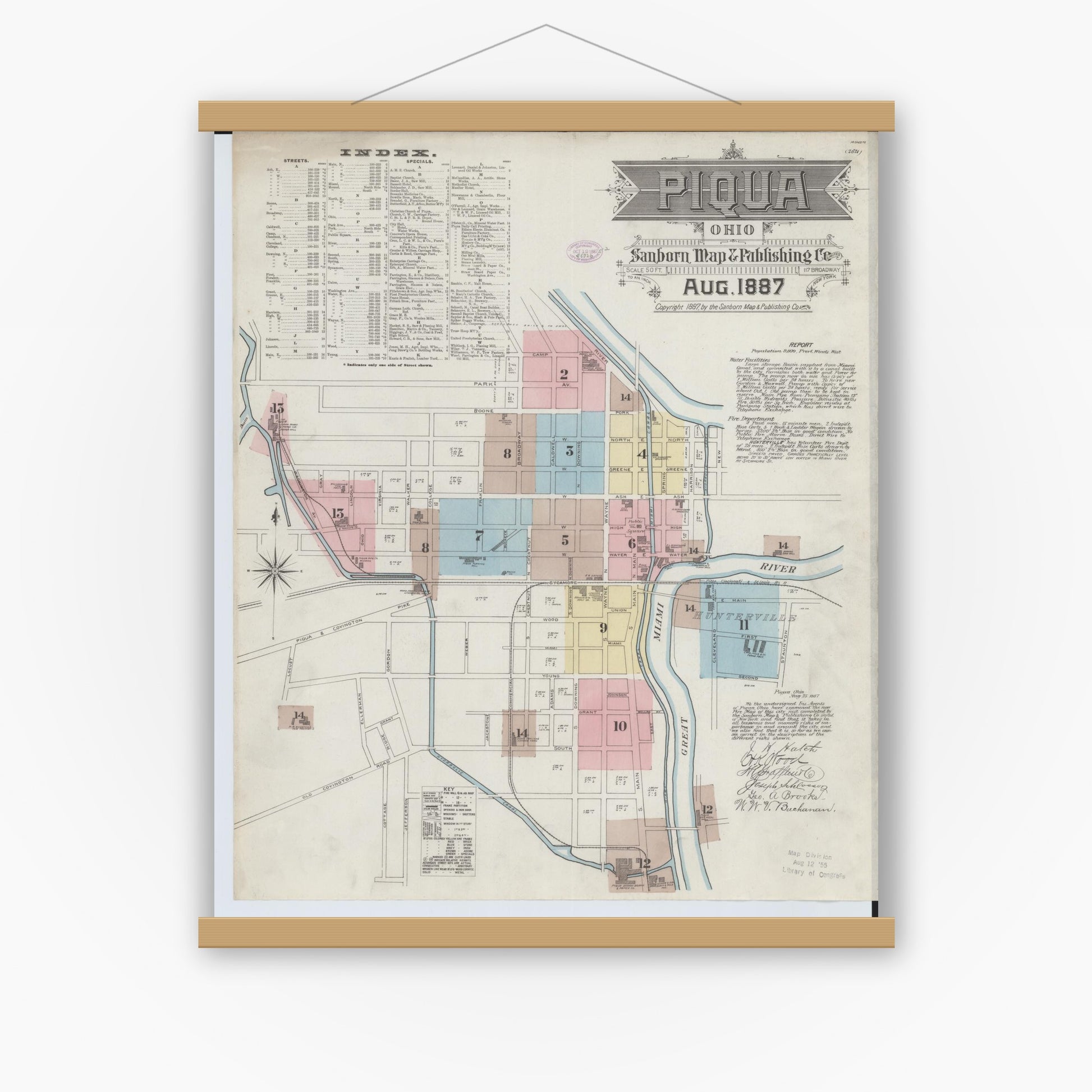Old map wall art mockup — magnetic wood frame on white wall — Sanborn Fire Insurance Map from Piqua, Miami County, Ohio (1887), Sheet #0001