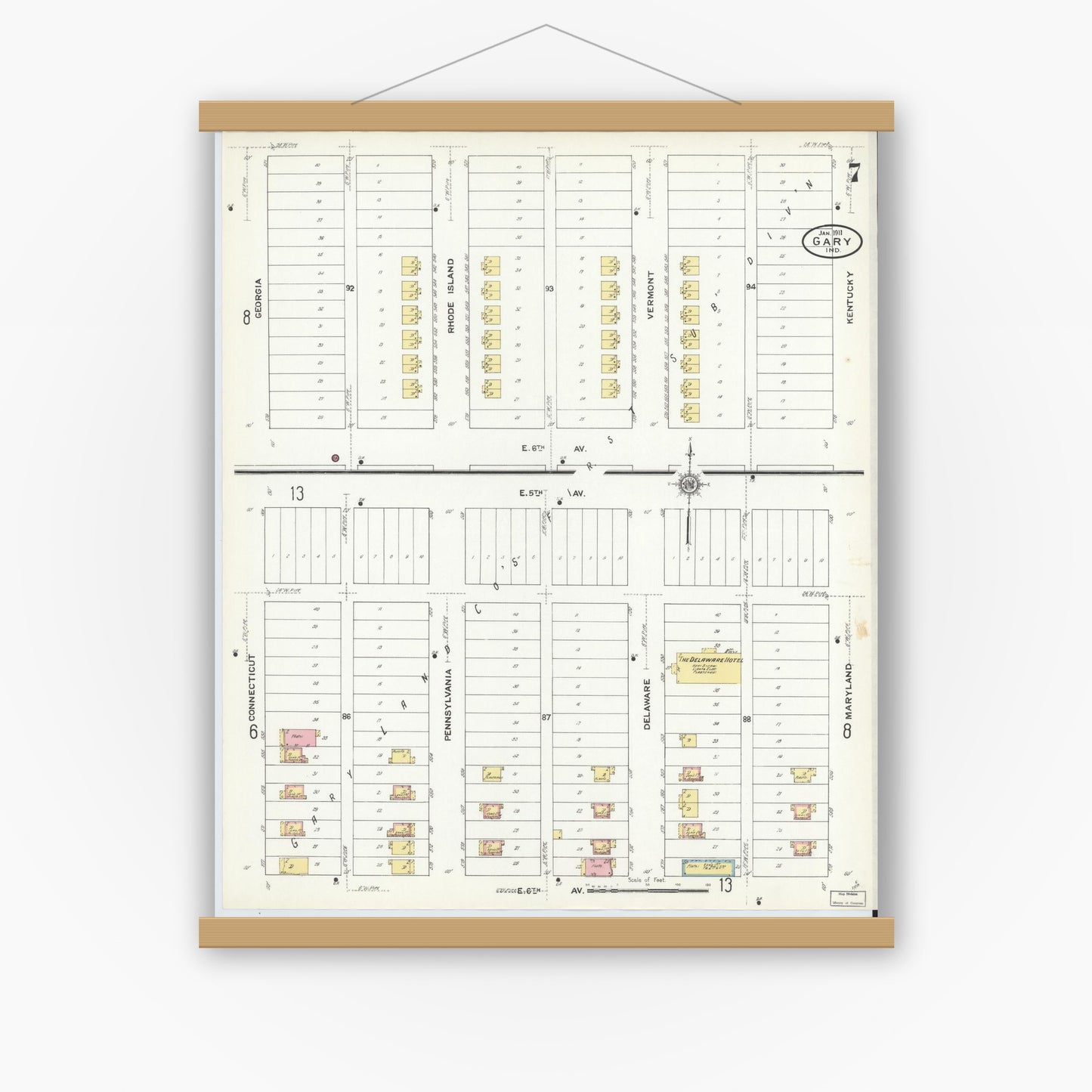 Old map wall art mockup — magnetic wood frame on white wall — Sanborn Fire Insurance Map from Gary, Lake County, Indiana (1911), Sheet #0007