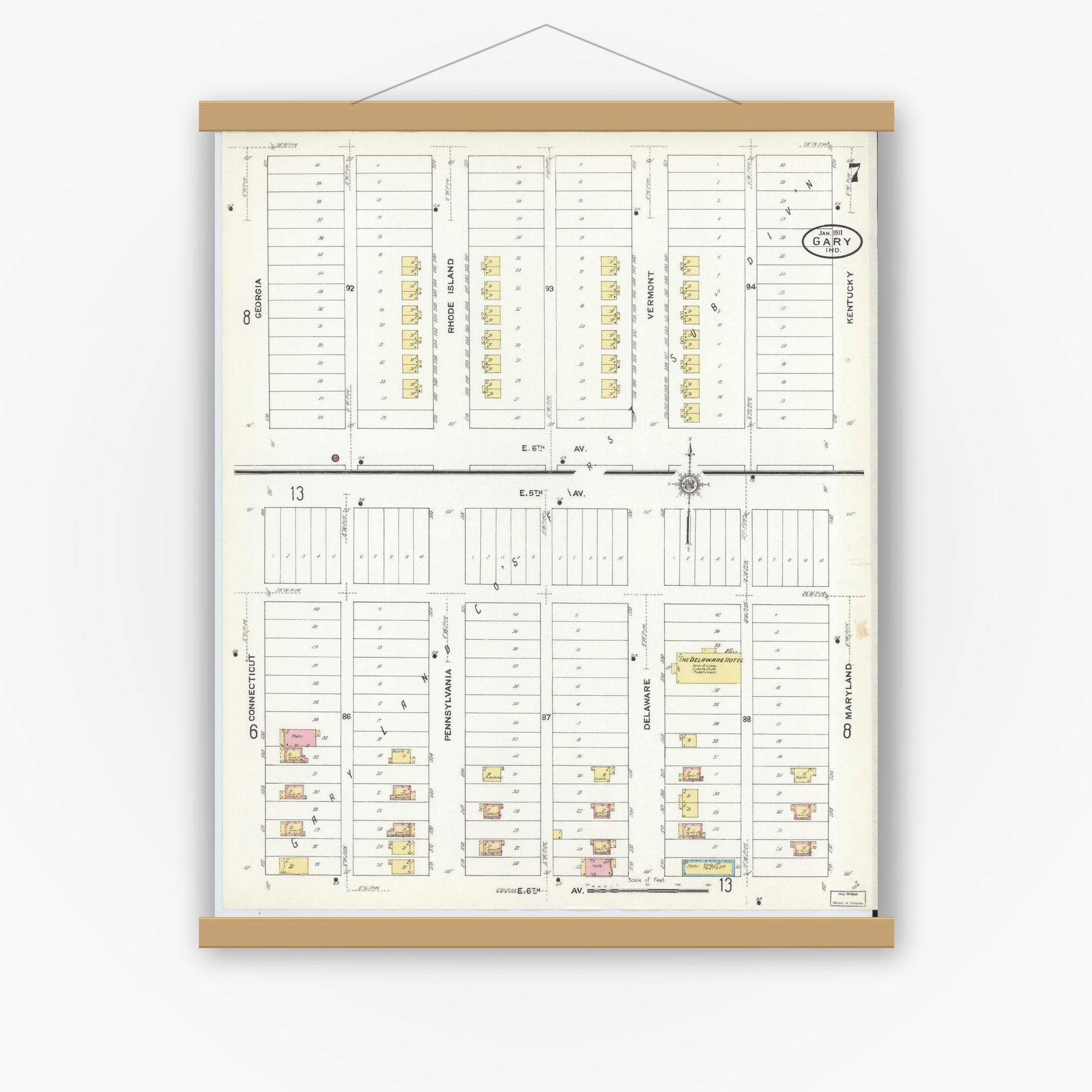 Old map wall art mockup — magnetic wood frame on white wall — Sanborn Fire Insurance Map from Gary, Lake County, Indiana (1911), Sheet #0007