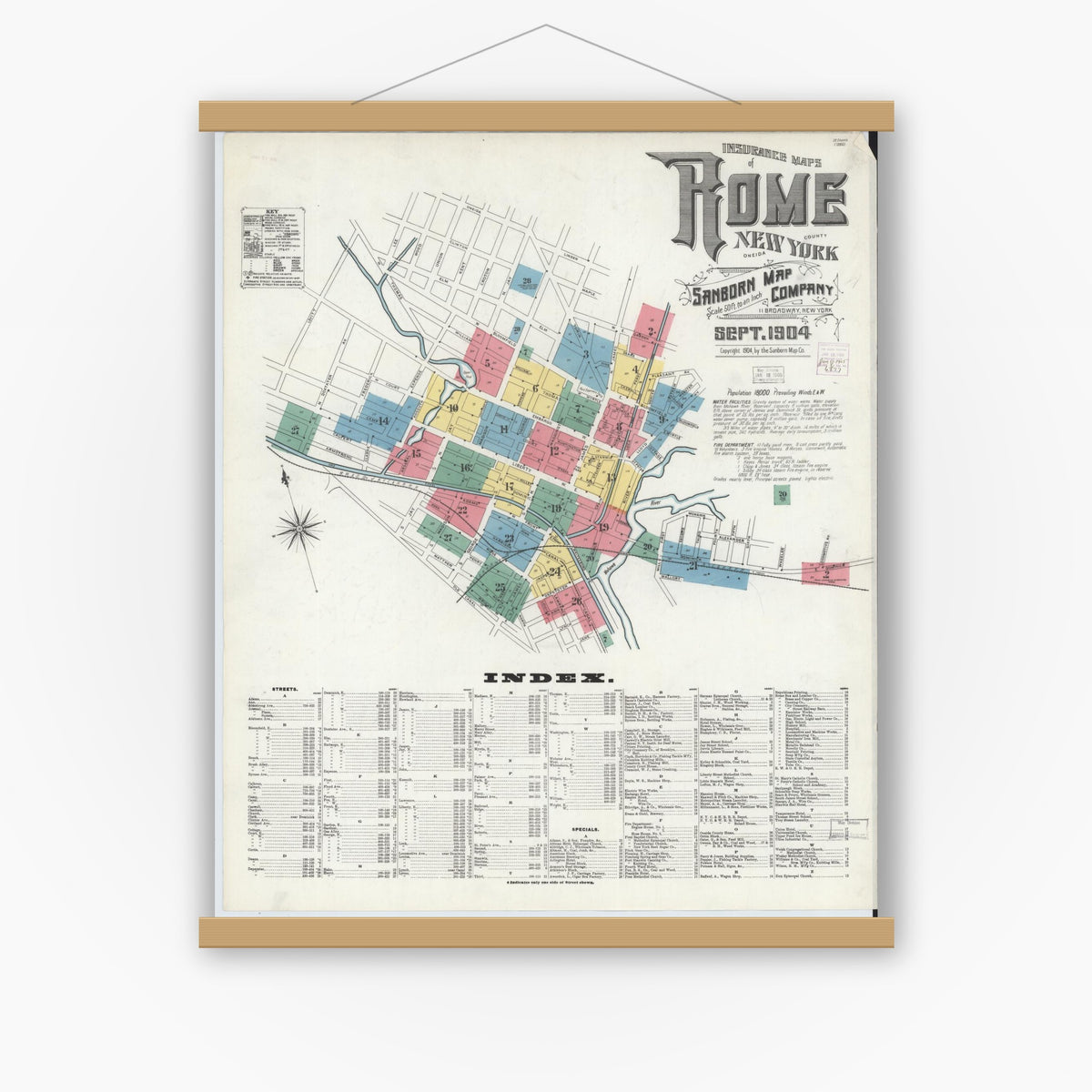 Old map wall art mockup — magnetic wood frame on white wall — Sanborn Fire Insurance Map from Rome, Oneida County, New York (1904) - Complete Map Set