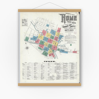 Old map wall art mockup — magnetic wood frame on white wall — Sanborn Fire Insurance Map from Rome, Oneida County, New York (1904) - Complete Map Set