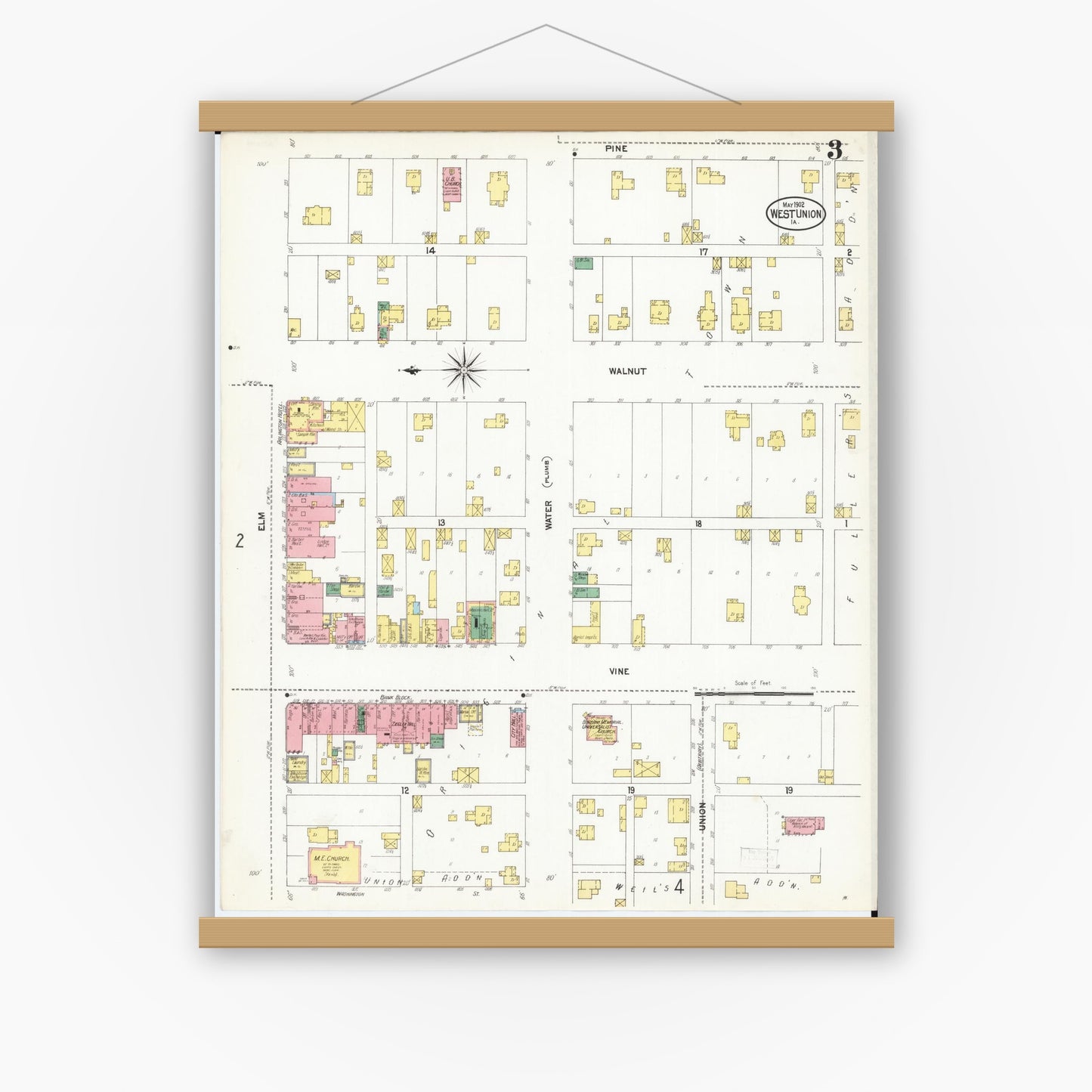 Old map wall art mockup — magnetic wood frame on white wall — Sanborn Fire Insurance Map from West Union, Fayette County, Iowa (1902), Sheet #0003
