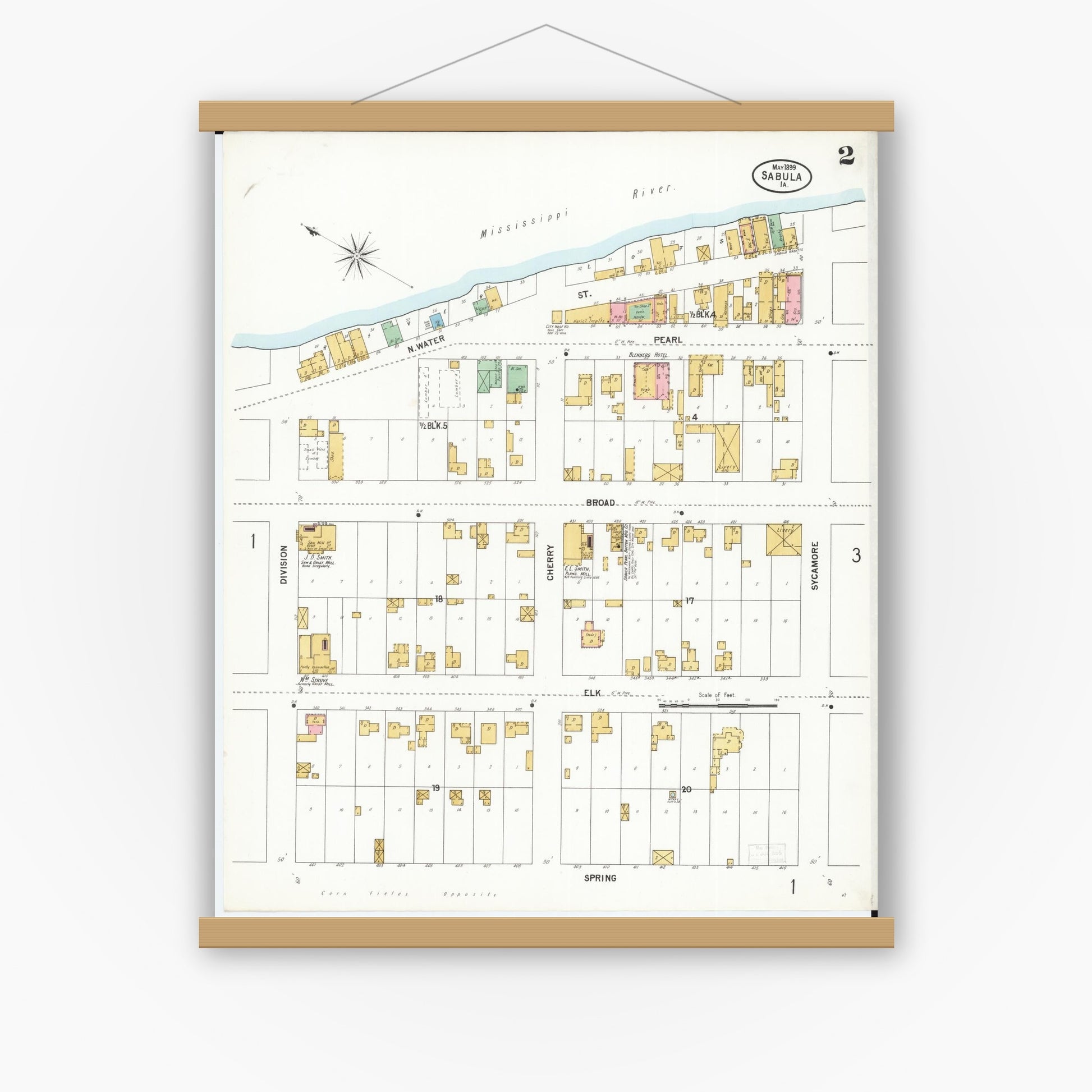 Old map wall art mockup — magnetic wood frame on white wall — Sanborn Fire Insurance Map from Sabula, Jackson County, Iowa (1899), Sheet #0002