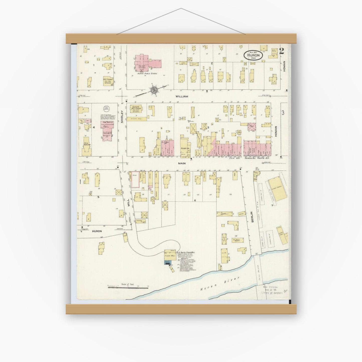 Old map wall art mockup — magnetic wood frame on white wall — Sanborn Fire Insurance Map from Huron, Erie County, Ohio (1910), Sheet #0002