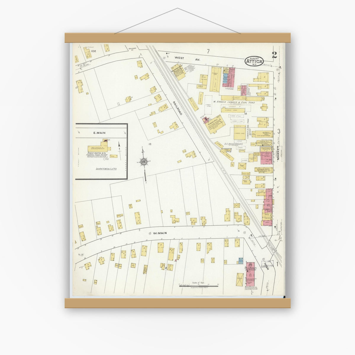 Old map wall art mockup — magnetic wood frame on white wall — Sanborn Fire Insurance Map from Attica, Wyoming County, New York (1917), Sheet #0002