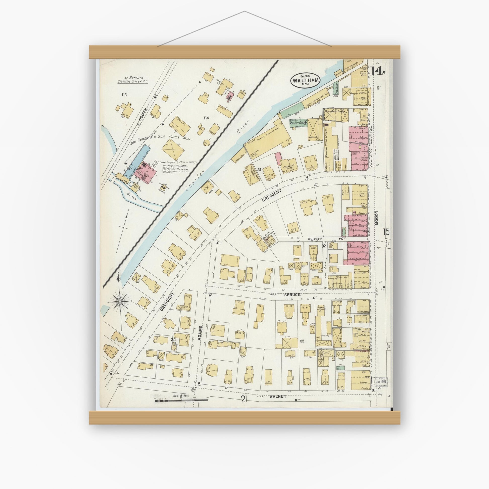 Old map wall art mockup — magnetic wood frame on white wall — Sanborn Fire Insurance Map from Waltham, Middlesex County, Massachusetts (1897), Sheet #0014